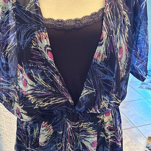 382 Womens M Semi Sheer Peacock Print Mini Slip Dress Blue Purple Flowy Vacation - Picture 8 of 11